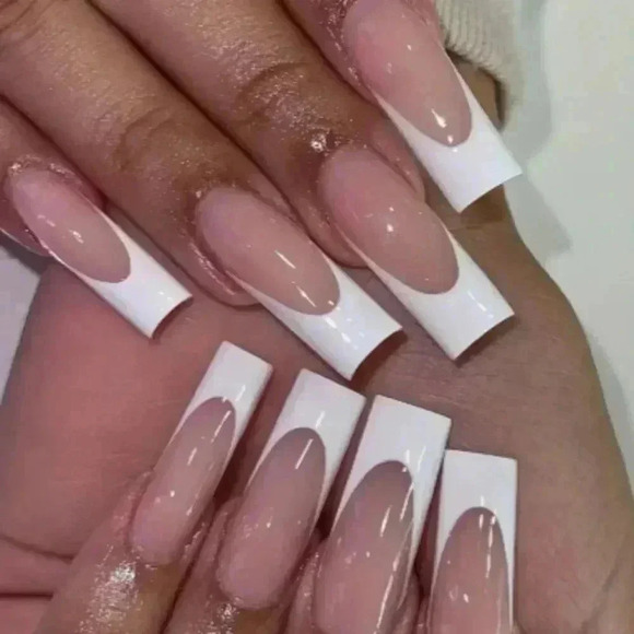 Women's Girls White French Tip Long Nude Nails 24 pcs - Picture 6 of 6